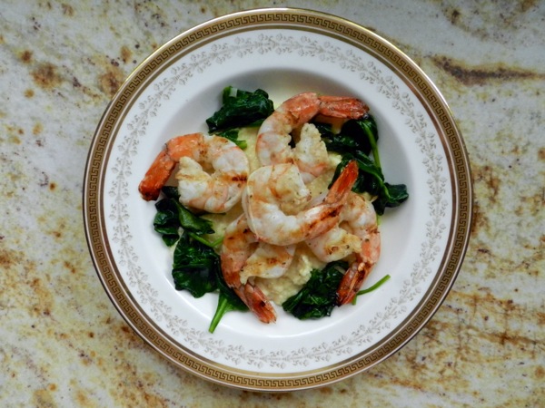 grit souffle with grilled shrimp and sauteed spinach