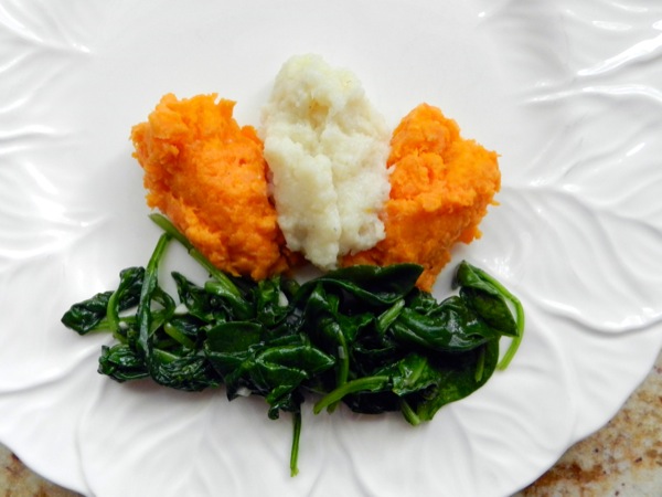 pureed carrots, cauliflower and sautéed spinach