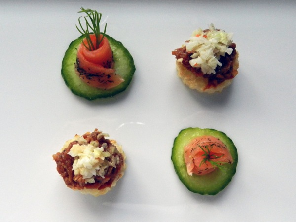 gravlax and pulled pork canapes