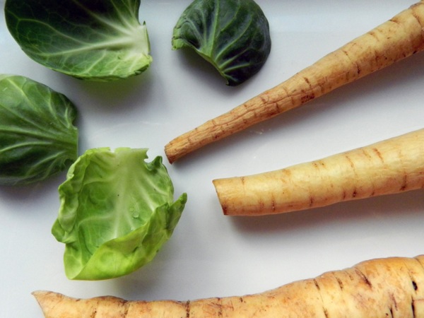 pureed parsnip with sautéed brussels sprout leaves